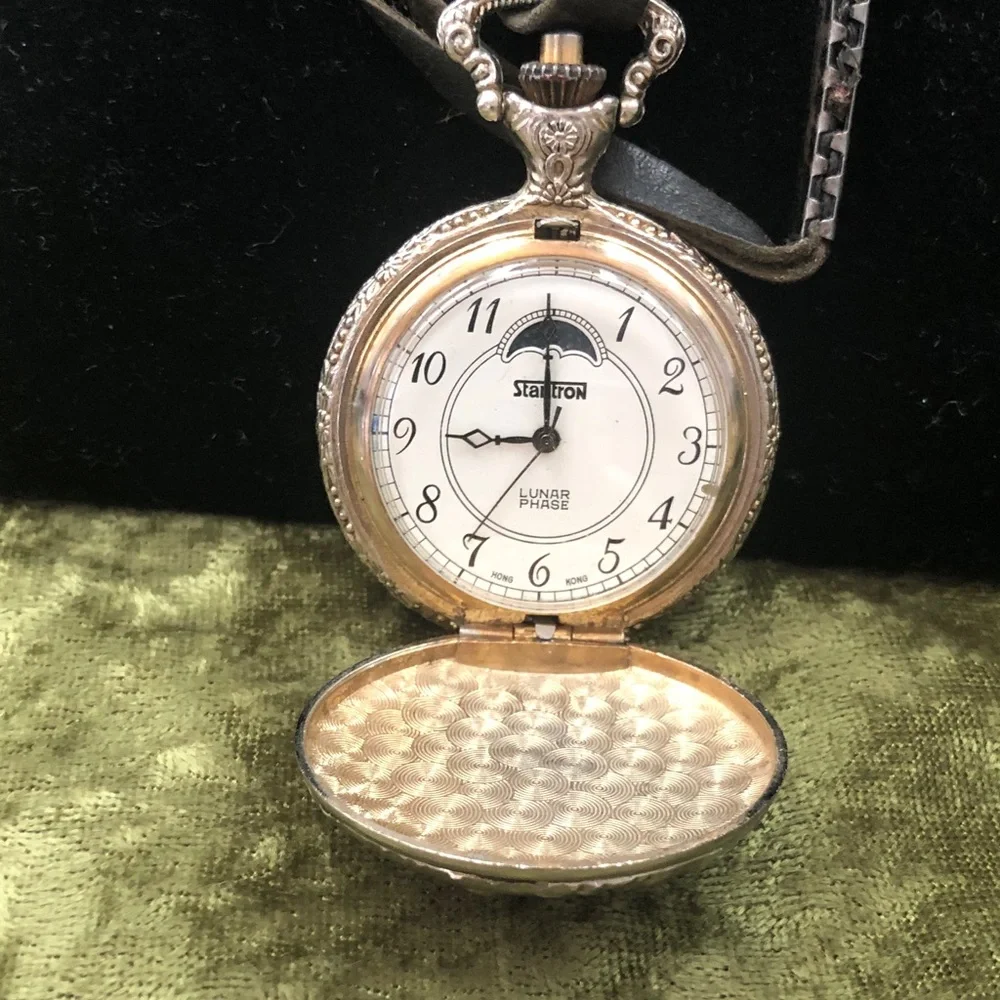 Silver-Tone Pocket Watch with Black Leather Strap man fishing